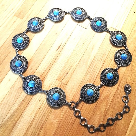 Vintage Faux Silver/Turquoise Adjustable Metal Belt - Picture 1 of 2